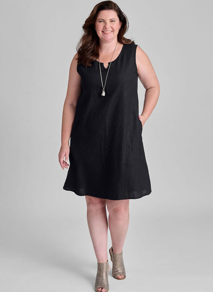True Dress, shown in solid Black, size Medium.  Model is 5'9" tall.  100% European Linen, Machine Washable.