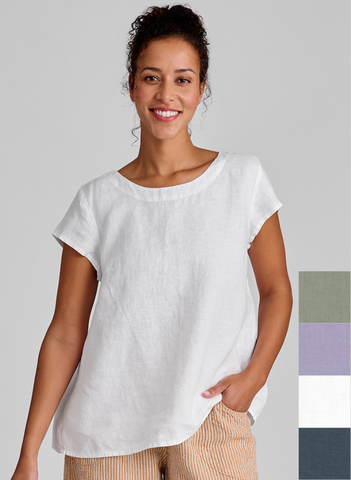 Tuck Back Tee, shown in solid White, size Small.  100% Linen capsleeve t-shirt, with pintuck detail on the back.