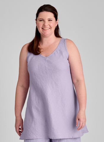 Two Way Bias Tunic, shown in solid Thistle (lavender), size Medium. Deep v-neckline, sleeveless, cut on the bias for a more contoured fit. 100% European Linen, Machine Washable.