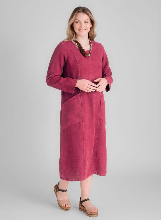 Vintage Dress, shown in Cranberry, size Small on 5'8" model.  100% European Linen, Garment-dyed for a washed look.