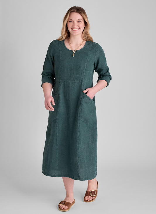 Vintage Dress, shown in Evergreen, size Small.  Model is 5'8" tall.  100% European Linen, Garment-dyed for a washed look.