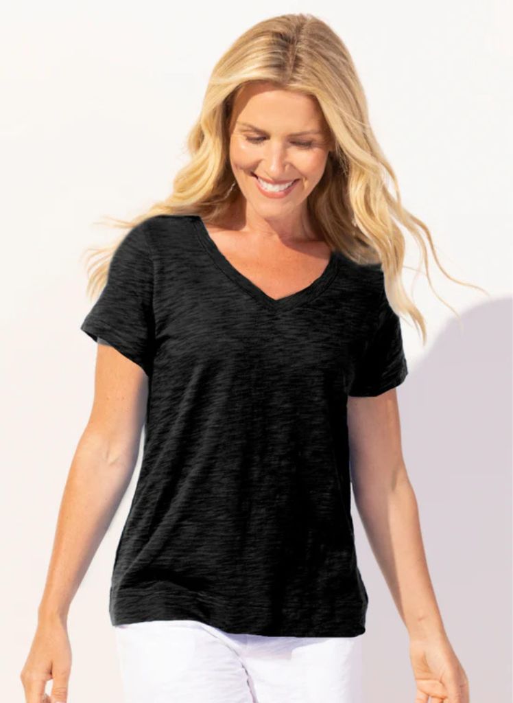 V-neck Tee, shown in Black, size Small.  100% Cotton Slub, Made in Peru. 