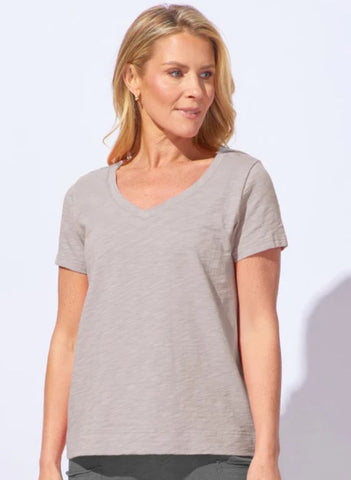 V-neck Tee, shown in Fog, size Small.  100% Cotton Slub, Made in Peru.