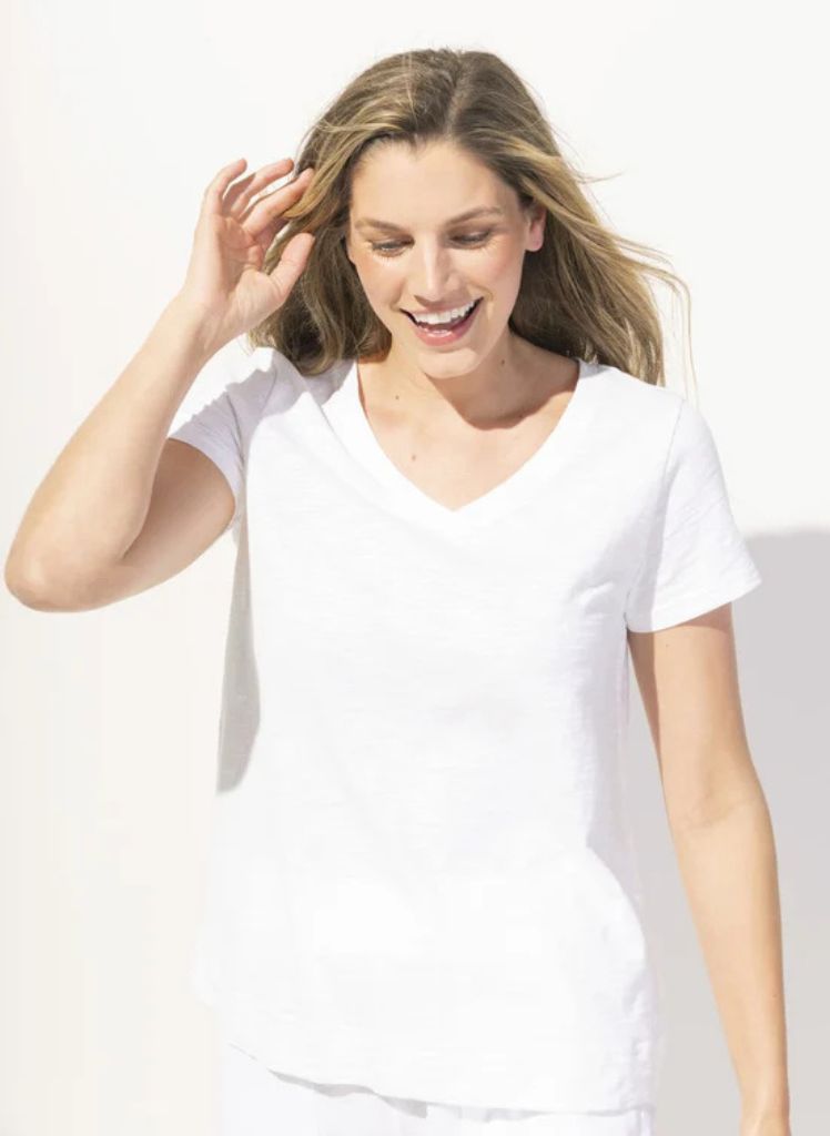 V-neck Tee, shown in White, size Small.  100% Cotton Slub, Made in Peru.
