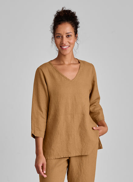 V Pullover, shown in Ginger, size Small.  100% European Linen, pre-shrunk, machine washable.