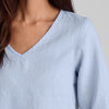 V-Pullover, shown in Powder. Featuring zoom on v-neckline and shoulder seam detail.