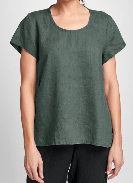 Weightless Tee, shown in Petrol, size Small.  Paired with the Pocketed Ankle Pant, in Black or Black Handkerchief.