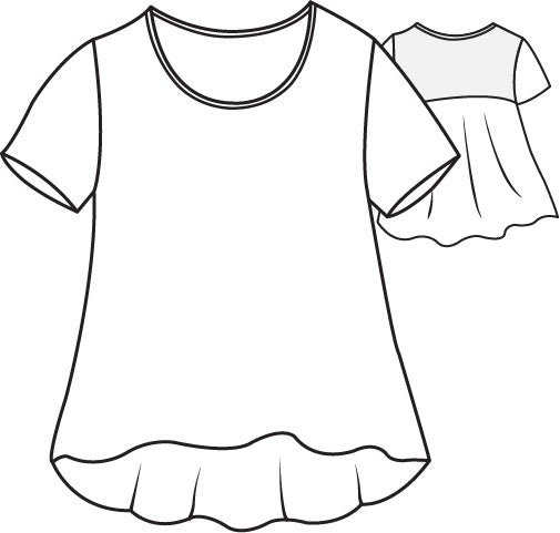 Playful Tee, detailed sketch.  100% Linen, short sleeved tshirt, features back yoke that is cut on the bias, with generous fit as it goes down, finished with a high low hem.