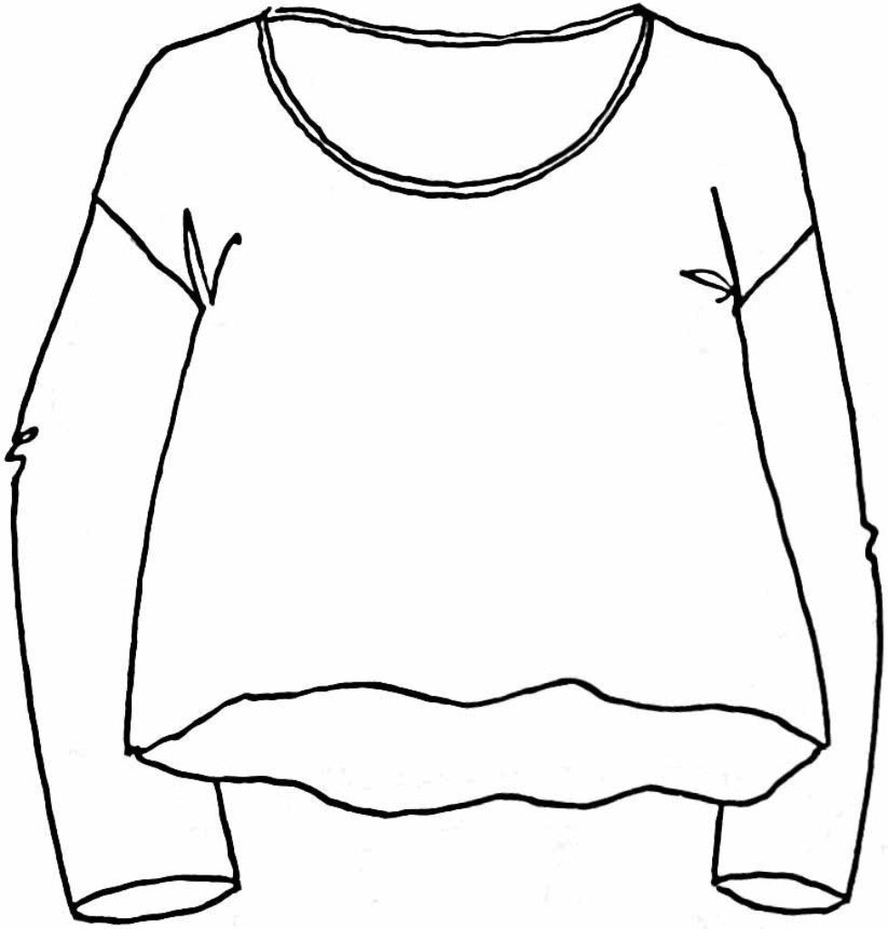 Throw It On (sketch shown).  Oversized linen pullover.  Wide rounded neckline,  with drop shoulders and long sleeves that taper, hi-low hemline.