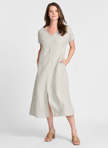 Yara Dress, shown in Natural.  100% Linen, FLAX Core 2023.  Model is 5'9" tall, wearing size Small.