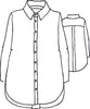 Crossroads Blouse (detailed sketch) features button down front, shirttail hem, and back yoke and pleat detail, 100% Linen