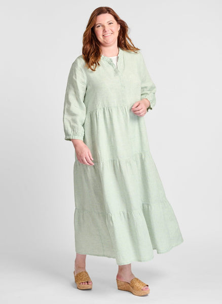 Gaia Dress, shown in Grassy Stripe, worn over the Layer Top (in Lily/white). Model is 5'9" tall, wearing size Medium. 100% Linen.