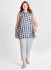 Artful Tunic (shown in Navy Check) paired with Pocketed Ankle Pant, in Silver.  FLAX En-Core 2023.  Model is 5'9" tall, wearing size Medium.