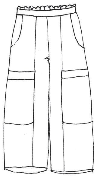 Flattering Crop, detailed sketch shown. Cargo style cropped linen pant with flat front waist, and elastic in the back.  2 side pockets, and 2 large cargo style pockets, wide legs.