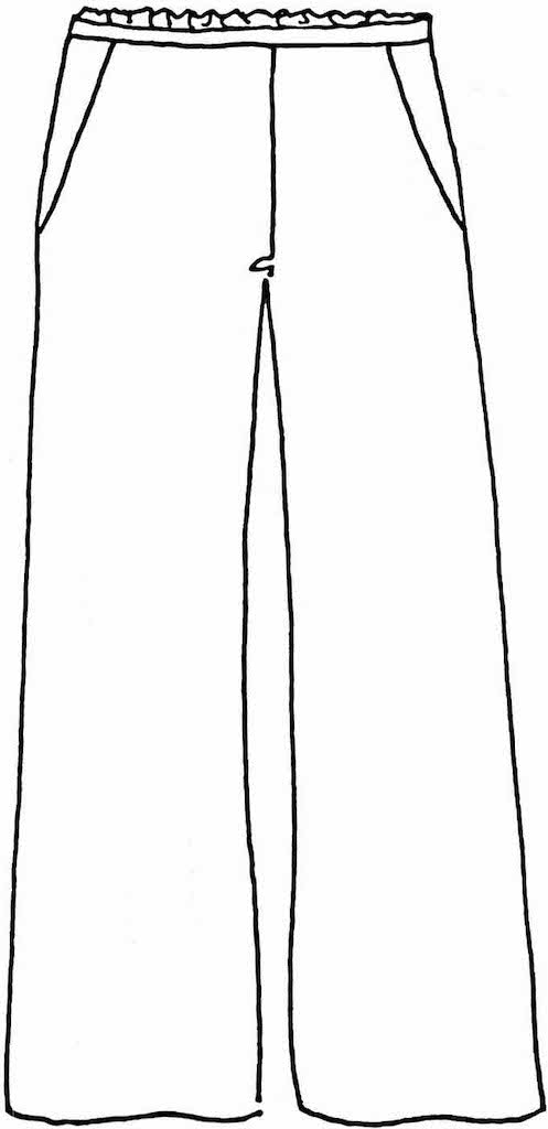 Playful Pant (detailed sketch) - wide leg linen pant with a flat front waist band and elastic in back, with  two side pockets, finishing at a long full-length.  100% Linen, In Stripes, Women's regular and plus sizes, FLAX P-2G.  FLAX de Soleil 2022.