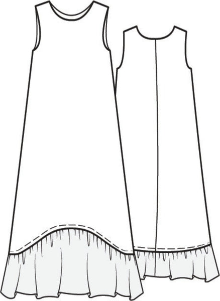 Cascading Dress, detailed sketch.  100% Linen body, with 100% Linen Gauze along the hem. 