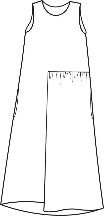 Sybil Dress, a sleeveless linen dress, with a high and rounded neckline, defined with unique gathered detail that starts at the center seam, and continues off to the left, creating the look of an empire waist, becoming more generous as it goes down, with hidden side seam pockets that land on the hip, finished with a modern and asymmetric split hemline, ending at a mid-length