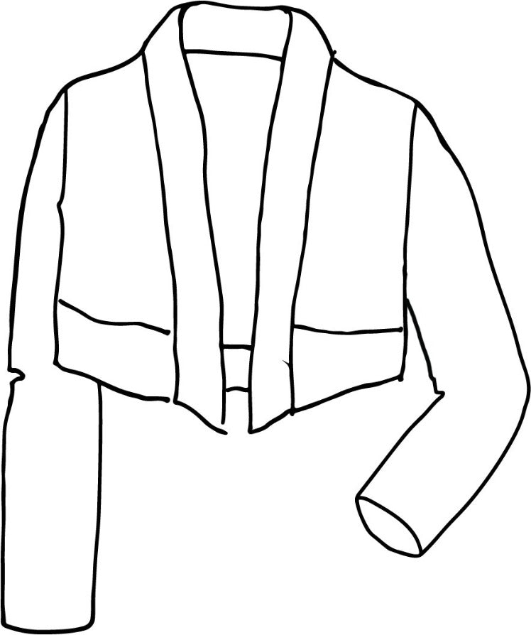 Cropped Cardigan (detailed sketch shown) - an open front linen jacket, with long sleeves that are easy to roll up, a wide hem finish, cropped to land just below the waist, 100% European Linen.