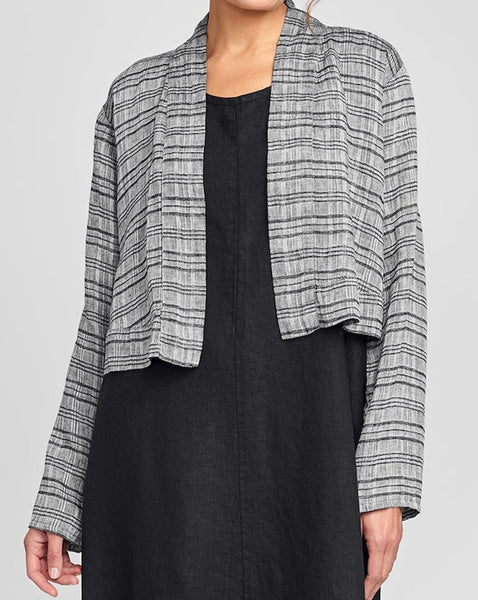 Cropped Cardigan (shown in Noire Plaid) - an open front linen jacket, with long sleeves that are easy to roll up, a wide hem finish, cropped to land at the waist, 100% Linen, FLAX Summer Solstice 2021