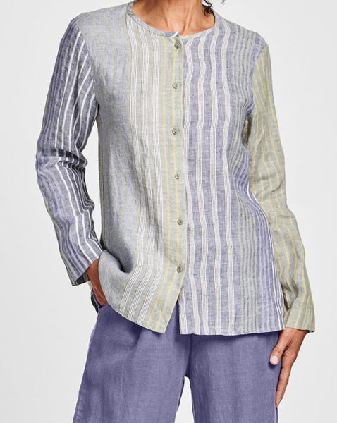 Dis-Cover (shown in Endless Stripe *pattern varies) - a lightweight button-down Linen cardigan, with a high rounded neckline, long sleeves, cut on the bias in back for a contoured fit, woven in 100% Handkerchief-weight Linen (softened), in women's regular and plus sizes, UnderFLAX 2021.
