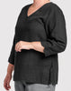 V Pullover, shown in solid Black. 100% Linen, 3/4 sleeves.  Model is wearing size Medium.