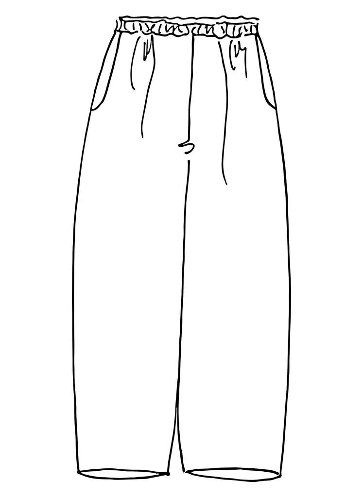 Floods (detailed sketch shown), this #1 FLAX Pant Style is 100% Linen with full elastic waist, two side pockets, and full pant lets that end just above the ankle (depending on your height). Available in solid colors. FLAX Classics Two 2021