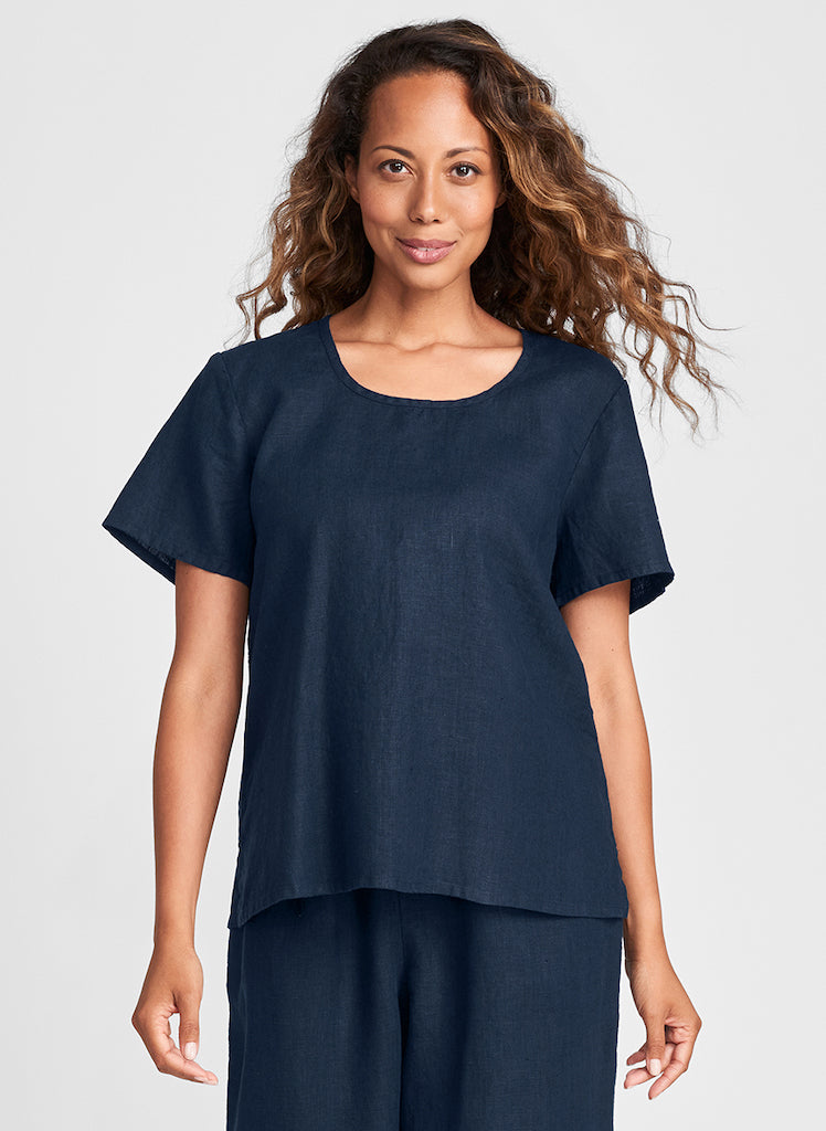 Fundamental Tee (shown in Midnight), short sleeve tee, 100% Linen, solid colors.