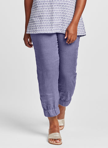 Jogger pant (shown in Lilac), a sporty linen pant, with a wide elastic waistband, two side seam pockets, and wide elastic cuffs, so you can adust the length and the look! 100% Handkerchief-weight Linen (softened), UnderFlax 2021.