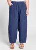 Seamly Pant (shown in Sapphire), a modern and sophisticated linen pant, with a wide elastic waistband, two rounded side pockets, and unique seam detailing, full pant legs that taper along the bottom hem, landing at (or just above) the ankle, 100% Linen. Collection: FLAX Classics Two 2021.