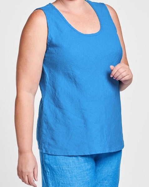 Sleeveless Bias (shown in solid Azure), hip-length tank top with scoop neck and bias cut, 100% Linen, FLAX Bold 2021