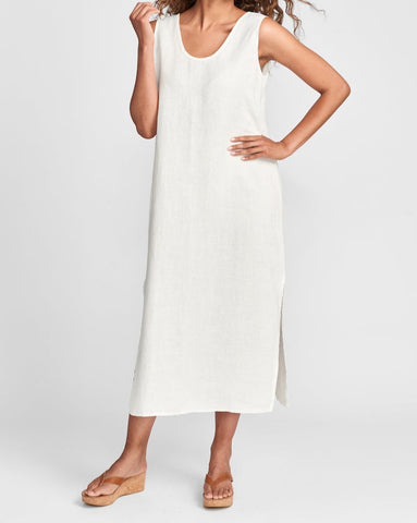Slipster (shown in solid Cream) - a sleeveless linen maxi-length dress with a scoop neckline and side slit detail, 100% Linen, solid colors.  FLAX Core 2022.