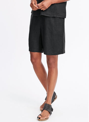 Sun Shorts, shown in solid Black.  100% Linen, Model is 5'10" wearing size Petite.