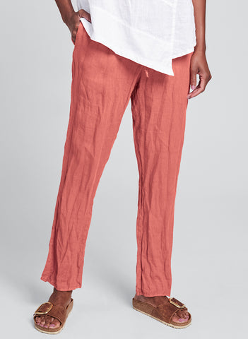 Urban Slims (shown in Guava) a tapered slim leg pant, woven in Urban's signature crinkled Linen, with drawstring waistband in soft cotton knit, and side seam pockets, finishing at (or just below) the ankle. FLAX Urban 2020.