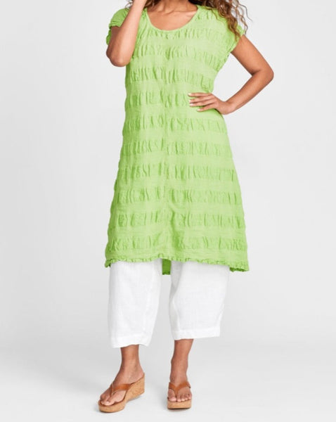 Lofty Dress, shown in Green Apple Pucker, layered over the Seamly Pant in White, FLAX Additions 2022.