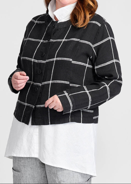 Adele Jacket (shown in Ebony Tattersall, size Medium) layered over the collared Skyline Blouse, in White.  Paired with the Flattering Crop pant, in Marble Yarn Dye.