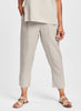 Pocketed Ankle Pant (shown in Natural), 100% Linen, flat front and 3/4 elastic waistband, side seam pockets, pant legs that tapering as they go down, ending just above the ankle with hem slits. Available in a variety of solid colors, in women's regular and plus sizes. Collection: FLAX Classics 2021.