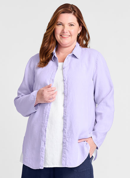 Crossroads Blouse (Wisteria) is layered over the Upward Tank (white).  Model is 5'9" tall, wearing size Medium.