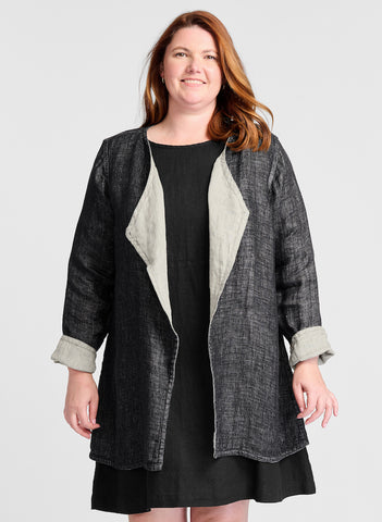 Encore Jacket (shown in Asphalt Lava, 100% Linen Gauze) layered over the Simple Dress in solid Black.  Model is 5'9" tall, wearing size Medium.  FLAX En-Core 2023.