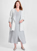 YARA DRESS (shown in Silver), topped with the reversible ENCORE JACKET in Mist.  Model is 5'9" tall, wearing size Medium.