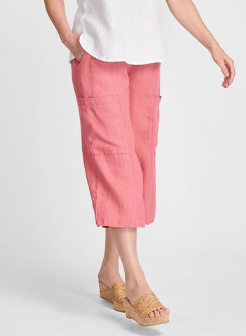Womens High Waist 3/4 Length Linen Pants Ladies Solid Wide Leg Capri  Trousers ~