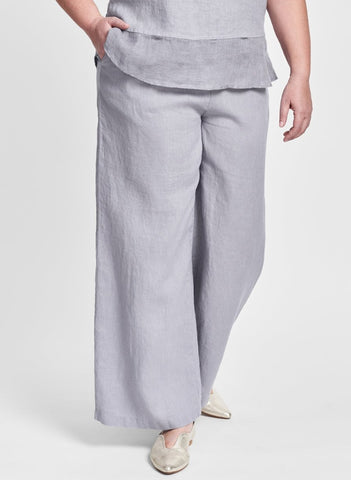 Flowing Pant (shown in Platinum), Model is 5'9" tall, wearing size Medium.  100% Linen, In Solid Colors, Women's regular and plus sizes, FLAX Weddings 2022.