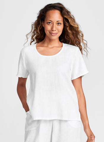Fundamental Tee, shown in solid White.  Model is 5'9" tall wearing size Small.