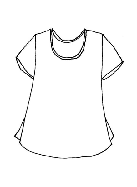 Fundamental Tee (detailed sketch), a classic linen t-shirt, with a scoop neckline and short sleeves, finishing on the hip with side slits for added comfort and movement, woven in 100% Linen, with a variety of solid colors, in Regular or Plus sizes.  Collection:  FLAX Classics 2021.