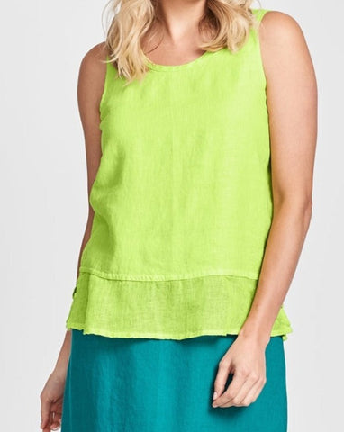 Gauzy Tank (shown in Chartreuse). Model is 5'9" tall, wearing size Small. 100% Linen (body) with peplum border in 100% Linen Gauze. 