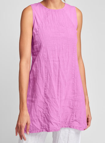  The Hudson Tunic (shown in Peony), a sleeveless tunic, woven in 100% Handkerchief-weight Linen (body), which has been steam crunched to give it Urban's signature "crinkled" look, with an A-line shape that lands on the thigh, and a high and rounded neckline featuring seam detail and shoulder panels in soft Cotton Knit (92% Cotton - 8% Spandex).   FLAX Urban II 2021.