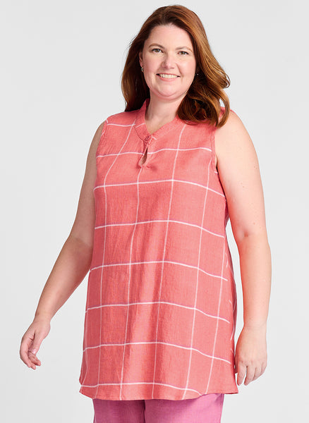 Keyhole Tunic, shown in Salmon Tattersall.  Model is 5'9" tall, wearing size Medium.