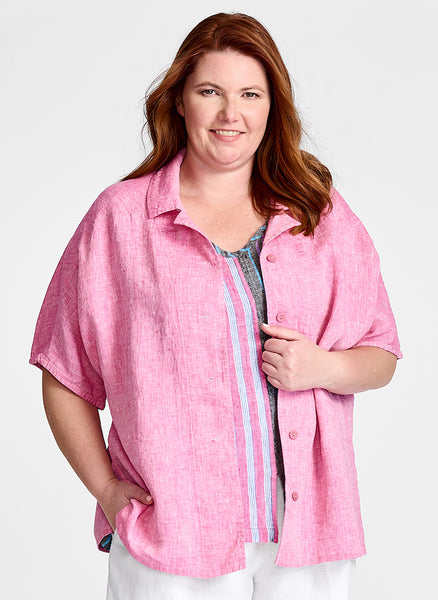Lauren Shirt, shown in Magenta Yarn Dye.  Layered over the Open Tank, which is N/A.  Model is 5'9" tall, wearing size Medium.