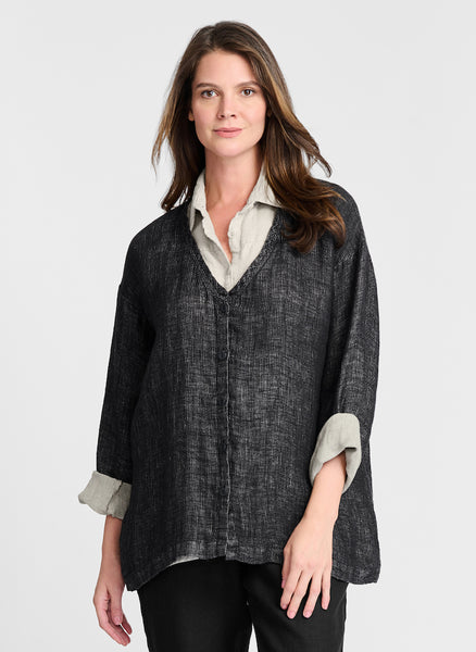 Mikeys Cardi (shown in Asphalt Lava, layered over the Skyline Blouse in Natural).  100% Linen Gauze, Lava two-toned fabric.  Model is 5'9" tall, wearing size Small.