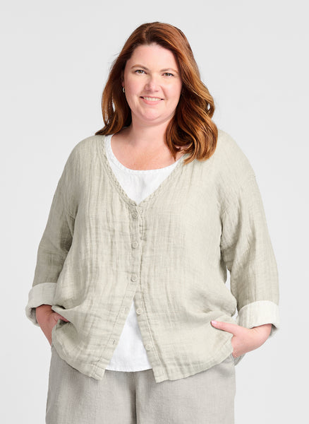 Mikeys Cardi (shown in Chai Lava, layered over the Fundamental Tank, in White).  100% Linen Gauze, in the Lava textured & two-toned fabric.  Model is 5'9" tall, wearing size Medium.