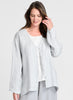 Mikeys Cardi (shown in Mist Lava, worn open with sleeves at full length, layered over the Fundamental Tank, in White). 100% Linen Gauze, in the Lava textured & two-toned fabric. Model is 5'9" tall, wearing size Small